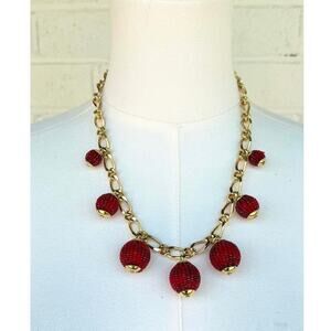 Talbots Red Beaded Bauble Charm Necklace Gold Tone Statement Holiday